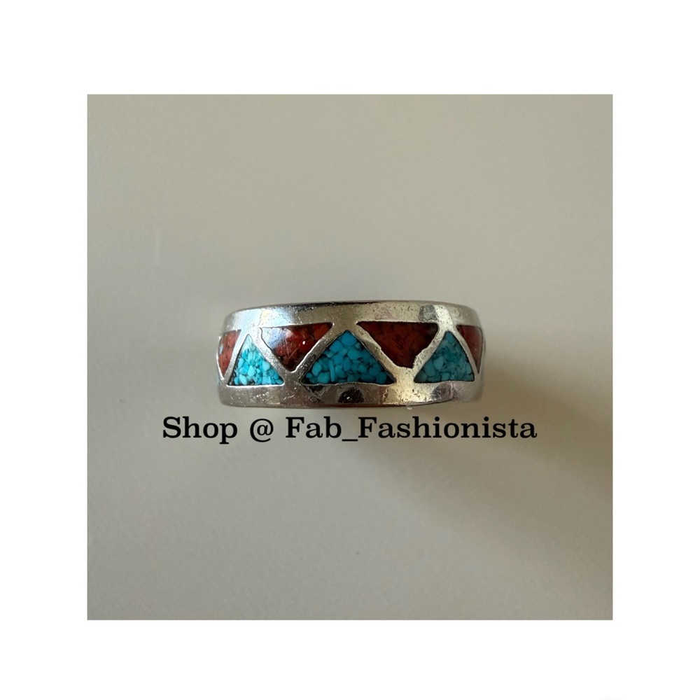 Turquoise & Carnelian Inlay Ring Sterling Silver Band 7